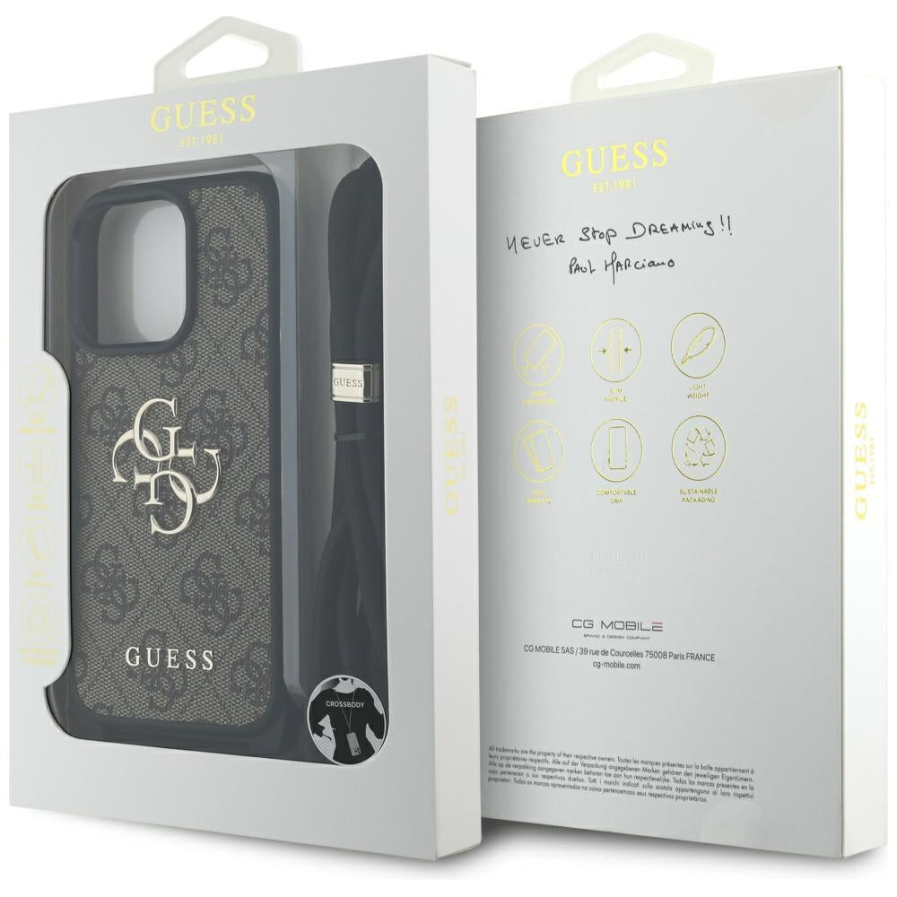Étui pour Apple iPhone 16 Pro Max, Guess, 4G CBDY Grand Logo avec Bandoulière, Marron
