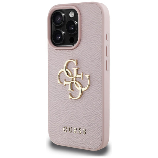 Étui pour Apple iPhone 16 Pro Max, Guess, Grained Big 4G Logo Small Classic Logo, Rose.
