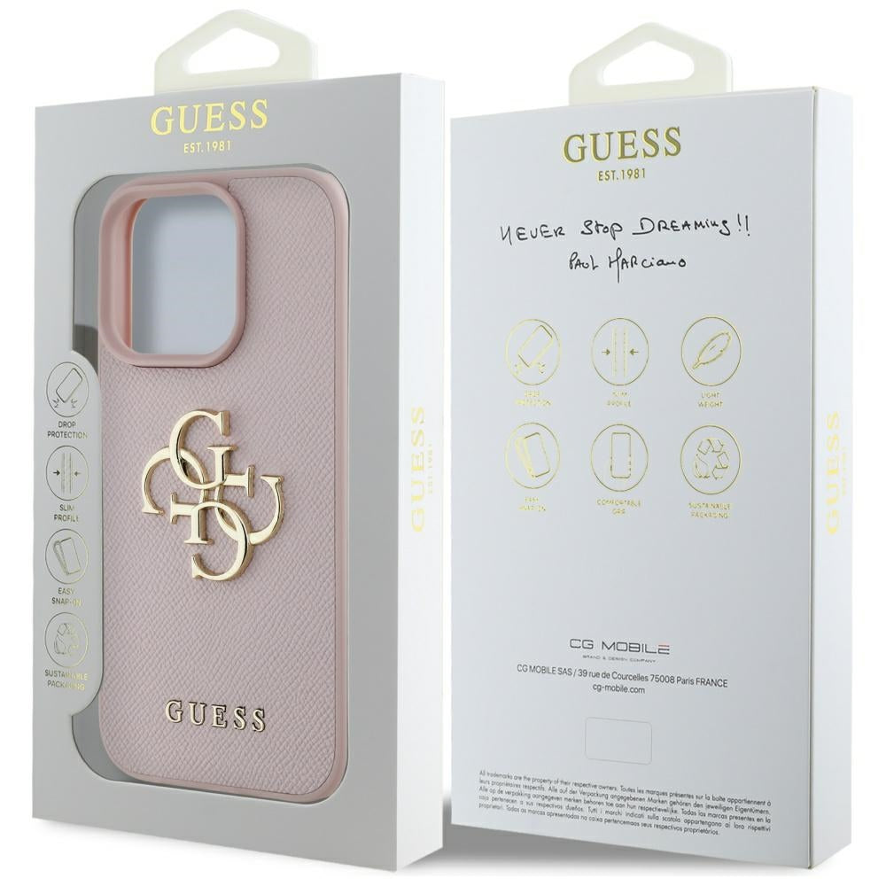Étui pour Apple iPhone 16 Pro Max, Guess, Grained Big 4G Logo Small Classic Logo, Rose.