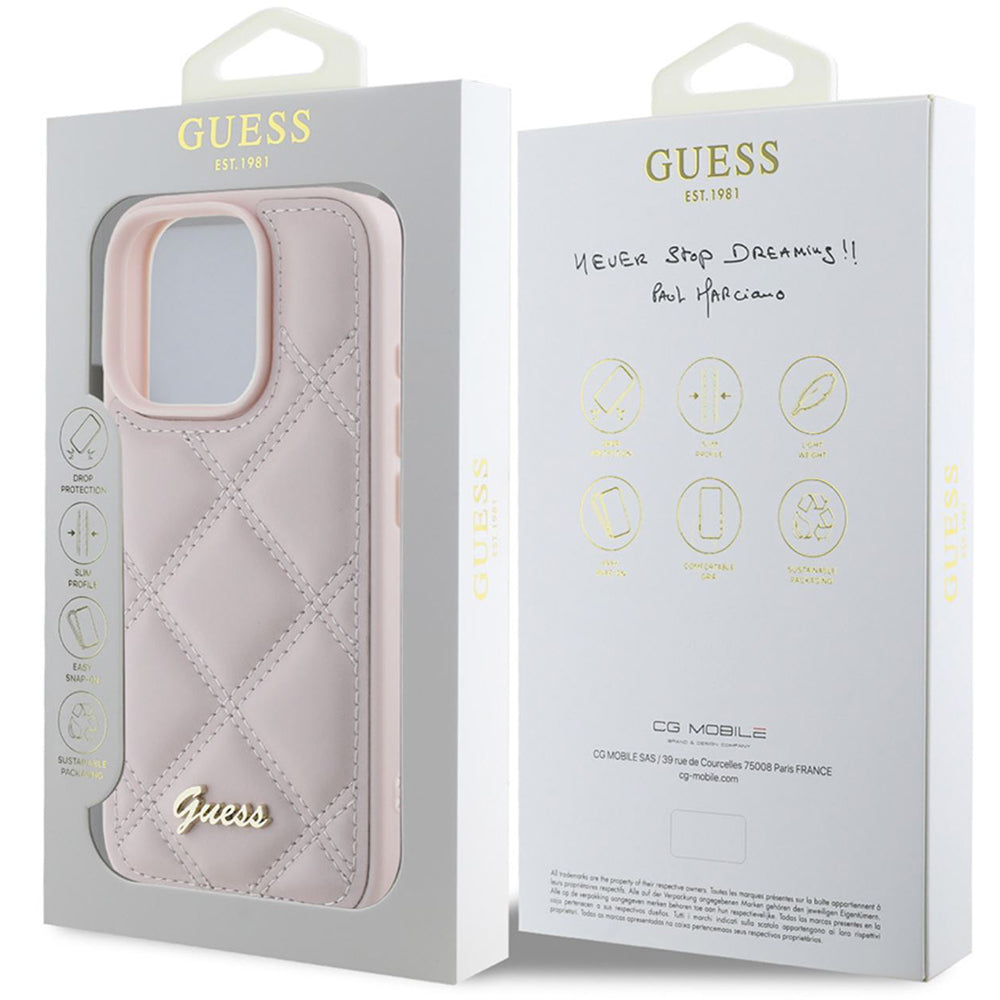 Étui pour Apple iPhone 16 Pro Max, Guess, Logo Métallique Matelassé, Rose