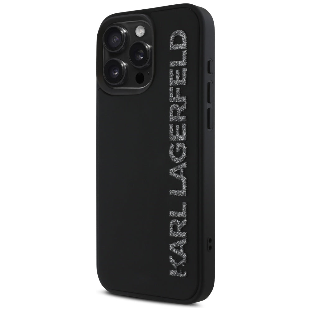 Housse pour Apple iPhone 16 Pro Max, Karl Lagerfeld, Logo Glitter Allongé en Caoutchouc 3D, Noire