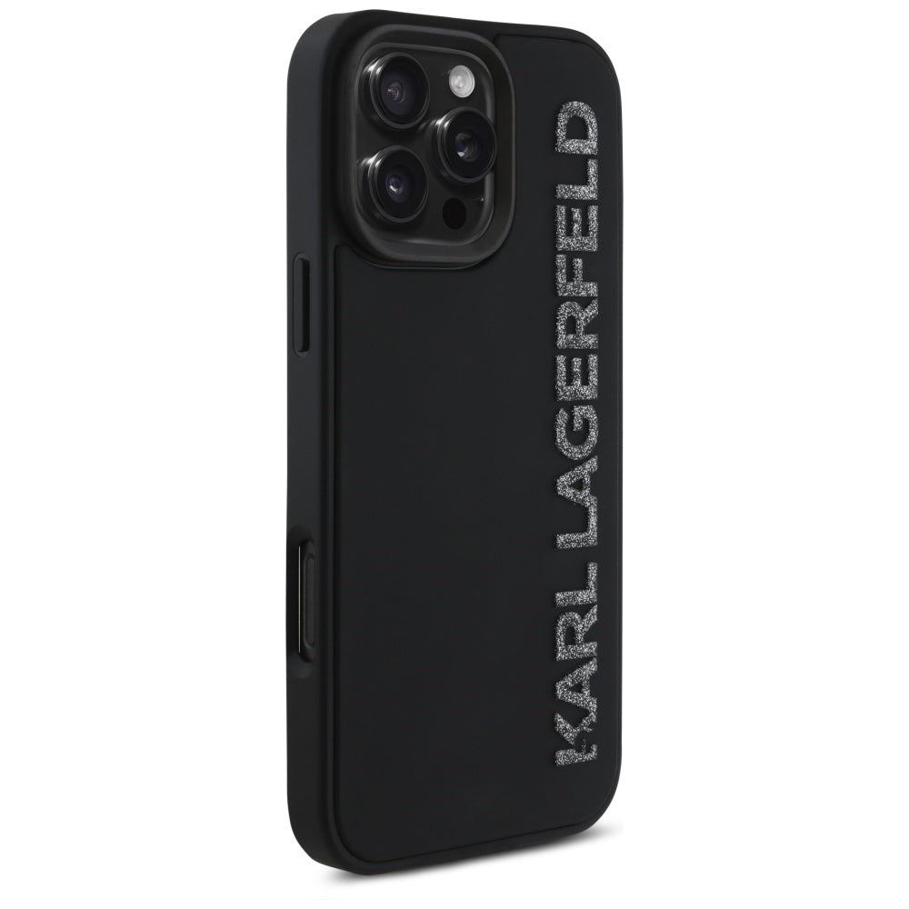Housse pour Apple iPhone 16 Pro Max, Karl Lagerfeld, Logo Glitter Allongé en Caoutchouc 3D, Noire