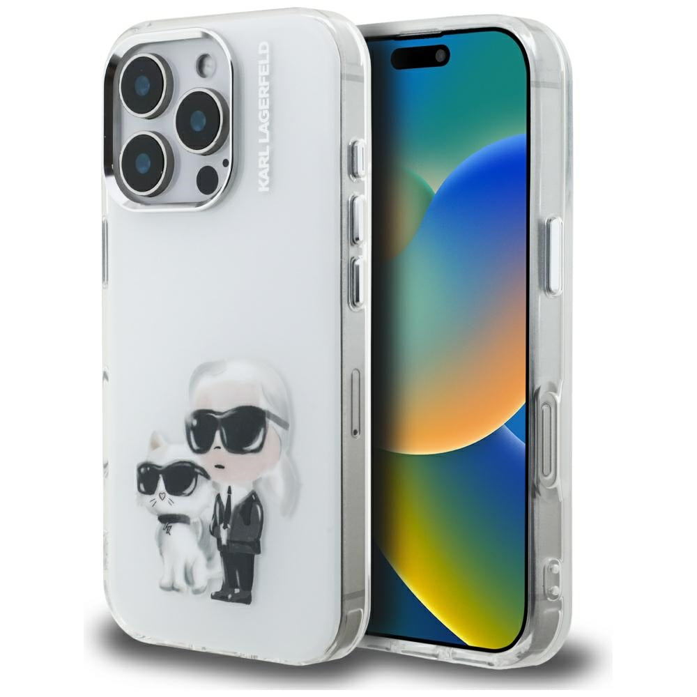 Étui pour Apple iPhone 16 Pro Max, Karl Lagerfeld, IML Aquarelle Logo Karl & Choupette, Blanc