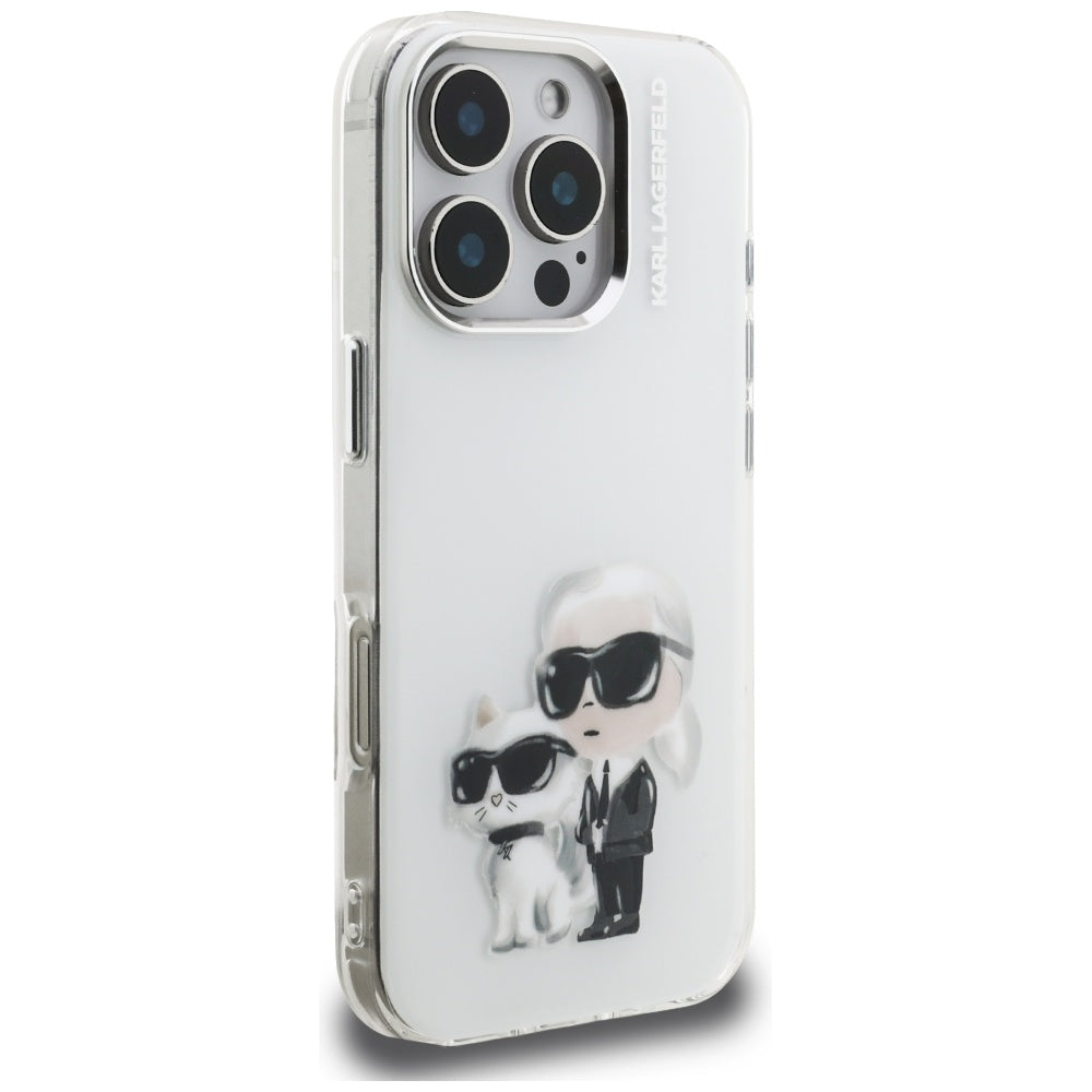 Étui pour Apple iPhone 16 Pro Max, Karl Lagerfeld, IML Aquarelle Logo Karl & Choupette, Blanc