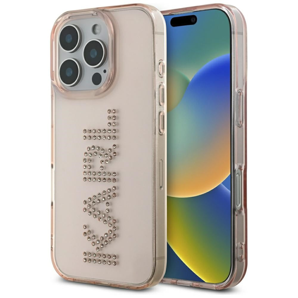 Étui pour Apple iPhone 16 Pro Max, Karl Lagerfeld, IML Rhinestones Pink Logo, Rose
