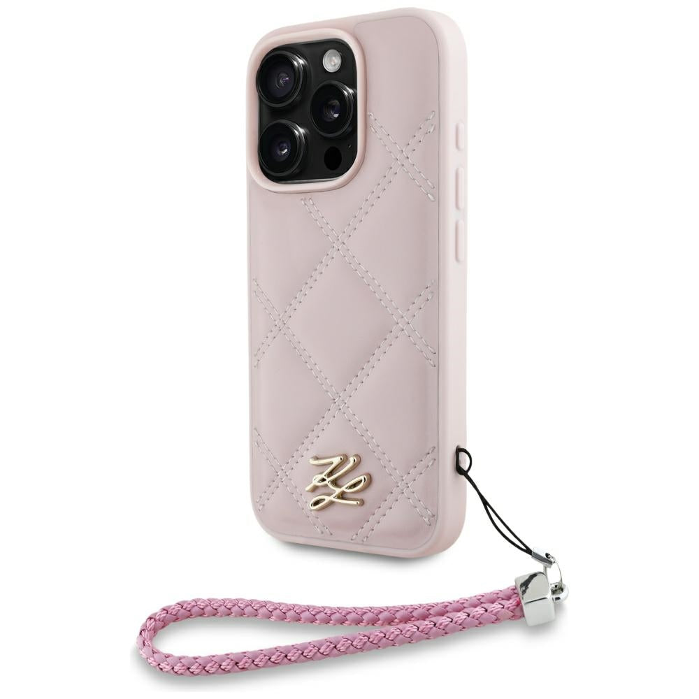 Hülle für Apple iPhone 16 Pro Max, Karl Lagerfeld, Gestepptes Initialen-Logo & Kettenriemen, Rosa