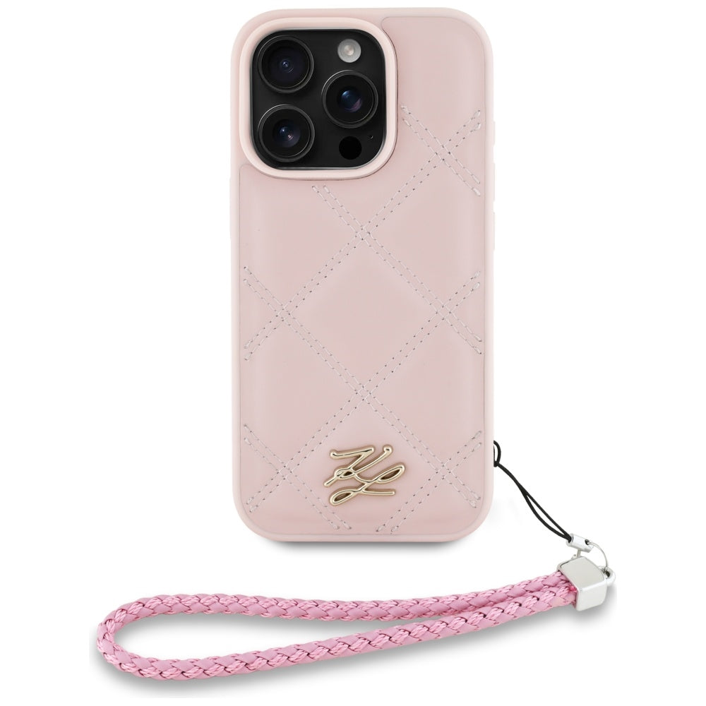 Hülle für Apple iPhone 16 Pro Max, Karl Lagerfeld, Gestepptes Initialen-Logo & Kettenriemen, Rosa
