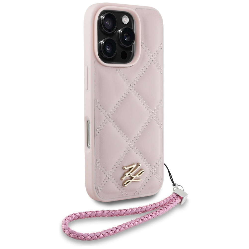 Hülle für Apple iPhone 16 Pro Max, Karl Lagerfeld, Gestepptes Initialen-Logo & Kettenriemen, Rosa