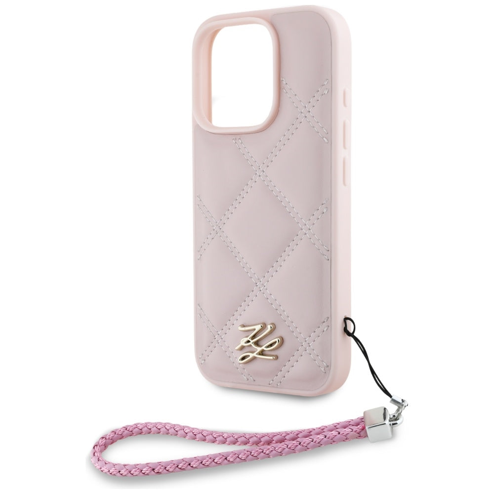 Hülle für Apple iPhone 16 Pro Max, Karl Lagerfeld, Gestepptes Initialen-Logo & Kettenriemen, Rosa