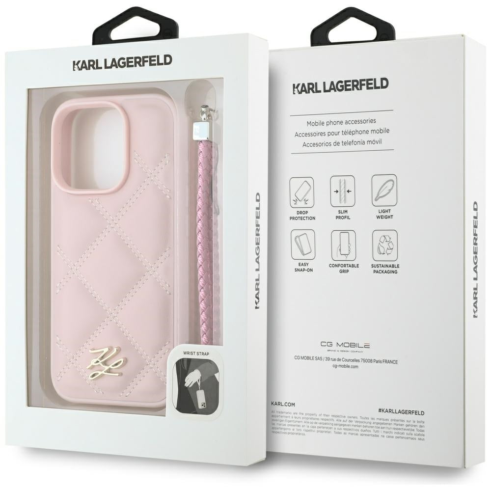 Hülle für Apple iPhone 16 Pro Max, Karl Lagerfeld, Gestepptes Initialen-Logo & Kettenriemen, Rosa