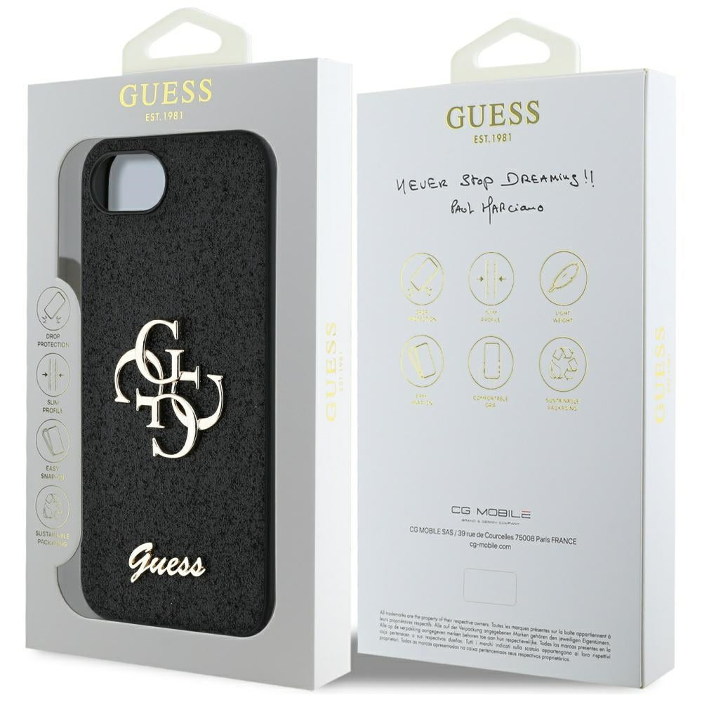 Étui pour Apple iPhone 17e / 16e, Guess, Fixed Glitter Big 4G, Noir