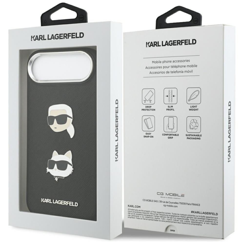 Hülle für Apple iPhone 17 Air, Karl Lagerfeld, Grained Karl & Choupette's Heads Pins and Logo, Schwarz