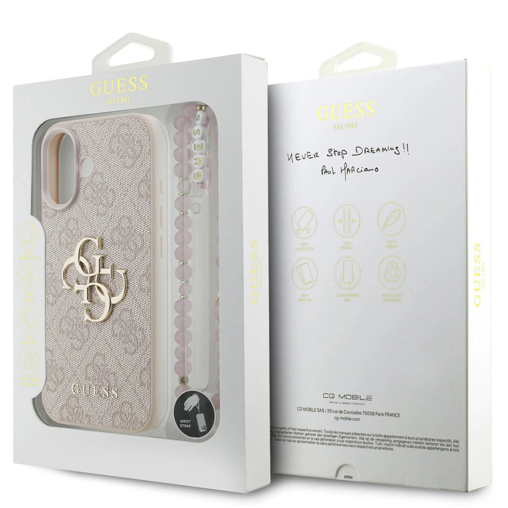 Étui pour Apple iPhone 17, Guess, 4G Classic Logo avec sangle, Rose