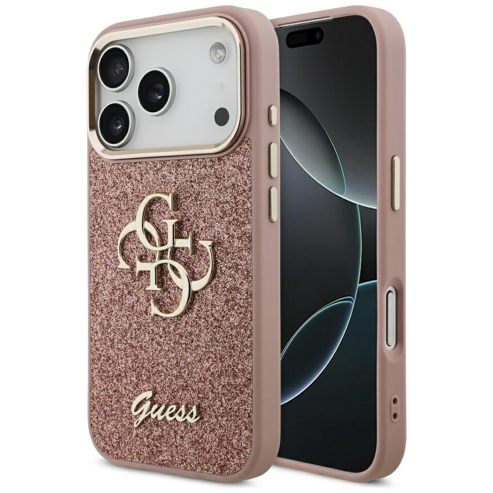 Étui pour Apple iPhone 17 Pro, Guess, Fixed Glitter Big 4G Metal Frame, Rose
