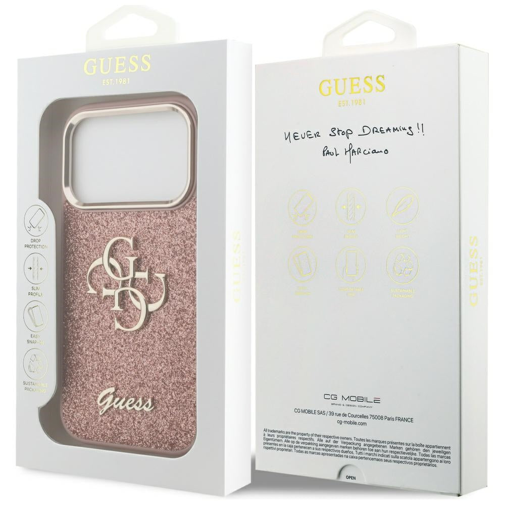 Étui pour Apple iPhone 17 Pro, Guess, Fixed Glitter Big 4G Metal Frame, Rose