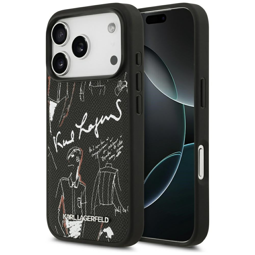 Hülle für Apple iPhone 17 Pro, Karl Lagerfeld, Grained Pattern Logo, Schwarz