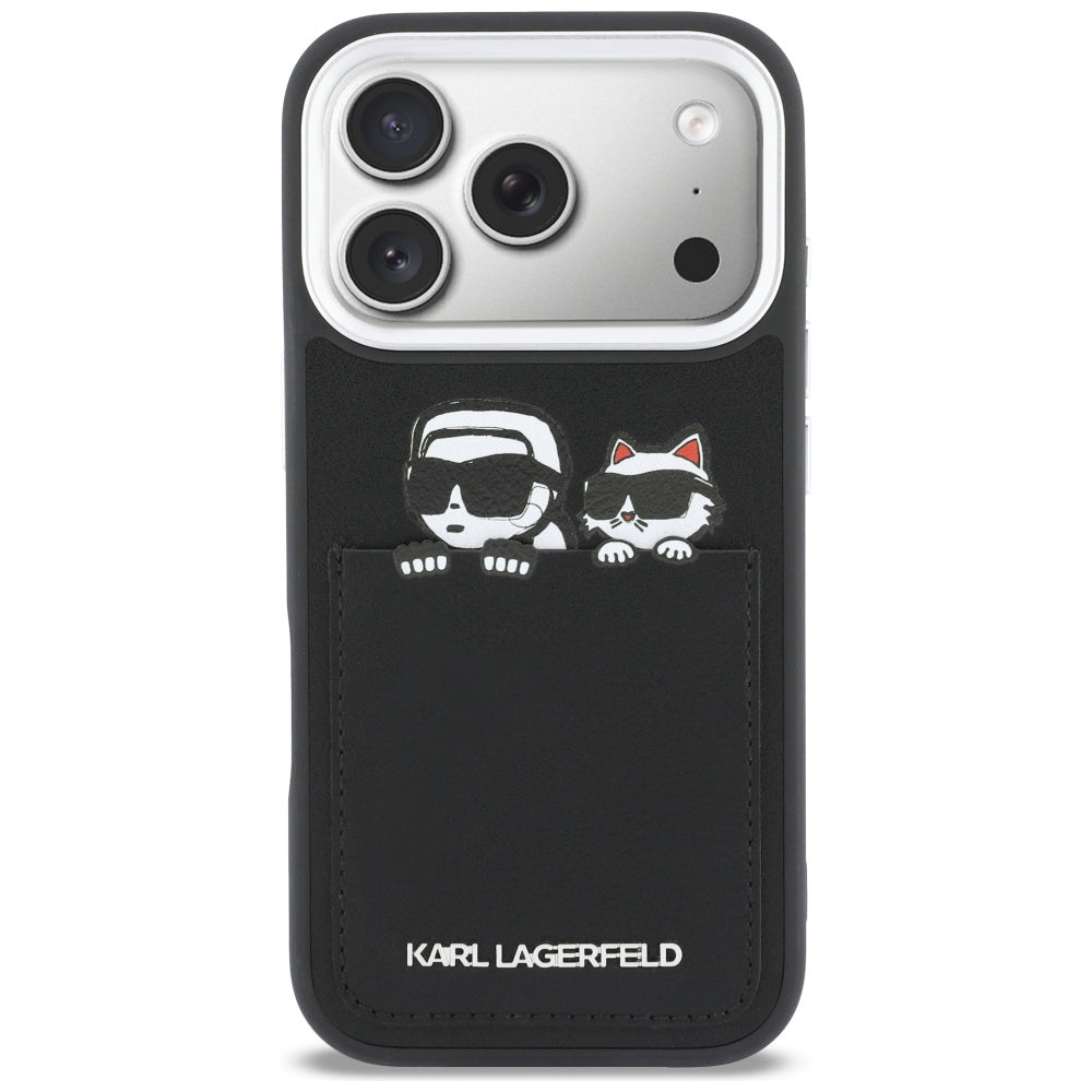 Étui pour Apple iPhone 17 Pro, Karl Lagerfeld, Impression Karl & Choupette avec poche, Noir