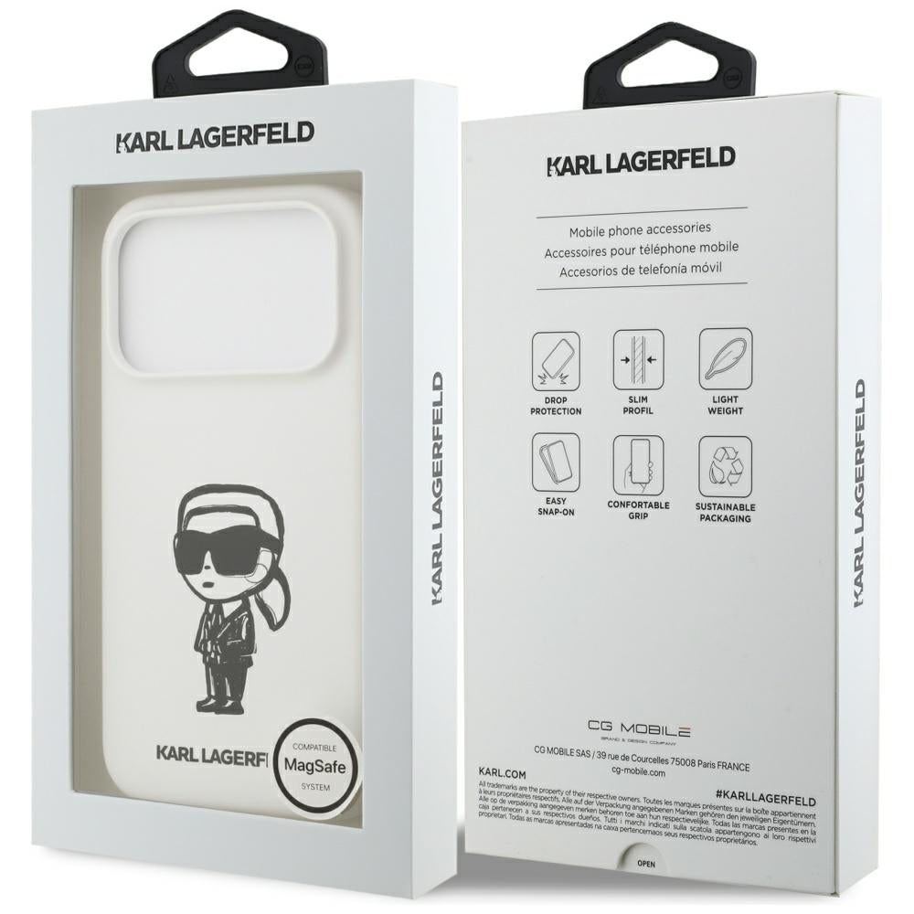 Housse pour Apple iPhone 17 Pro, Karl Lagerfeld, Sketch and Logo Karl, Blanche