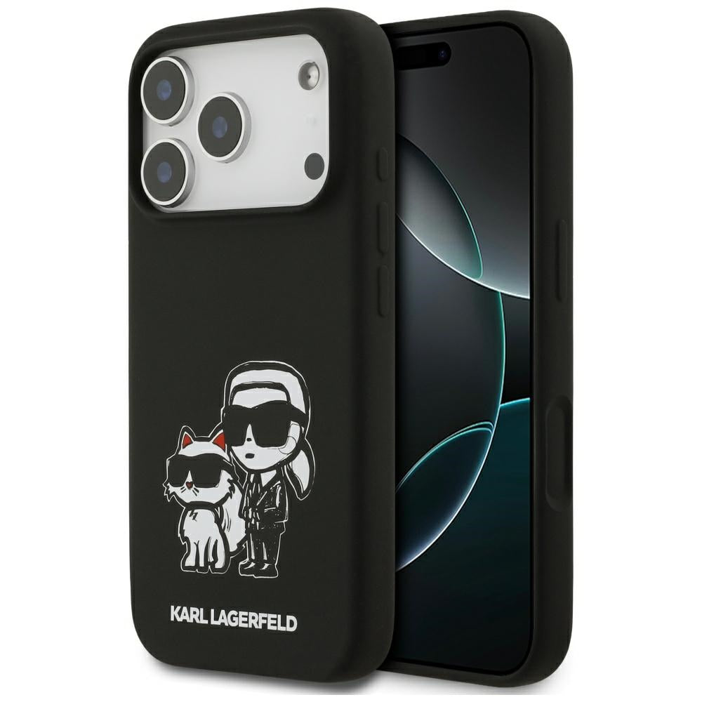 Hülle für Apple iPhone 17 Pro, Karl Lagerfeld, Sketch und Logo Karl & Choupette, Schwarz