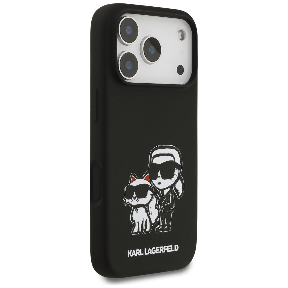 Hülle für Apple iPhone 17 Pro, Karl Lagerfeld, Sketch und Logo Karl & Choupette, Schwarz