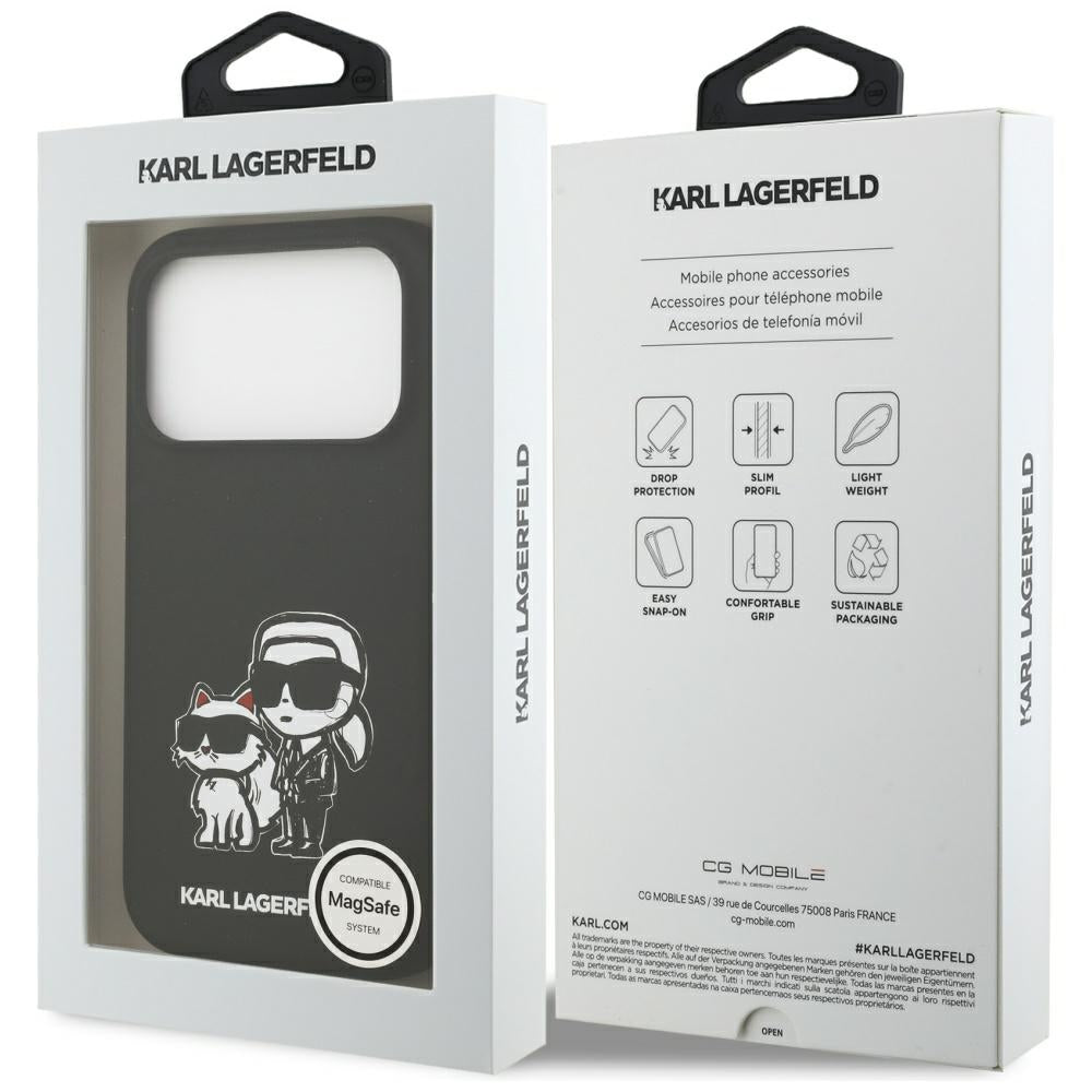 Hülle für Apple iPhone 17 Pro, Karl Lagerfeld, Sketch und Logo Karl & Choupette, Schwarz