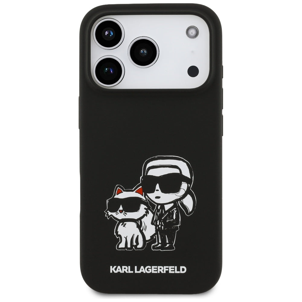 Hülle für Apple iPhone 17 Pro, Karl Lagerfeld, Sketch und Logo Karl & Choupette, Schwarz