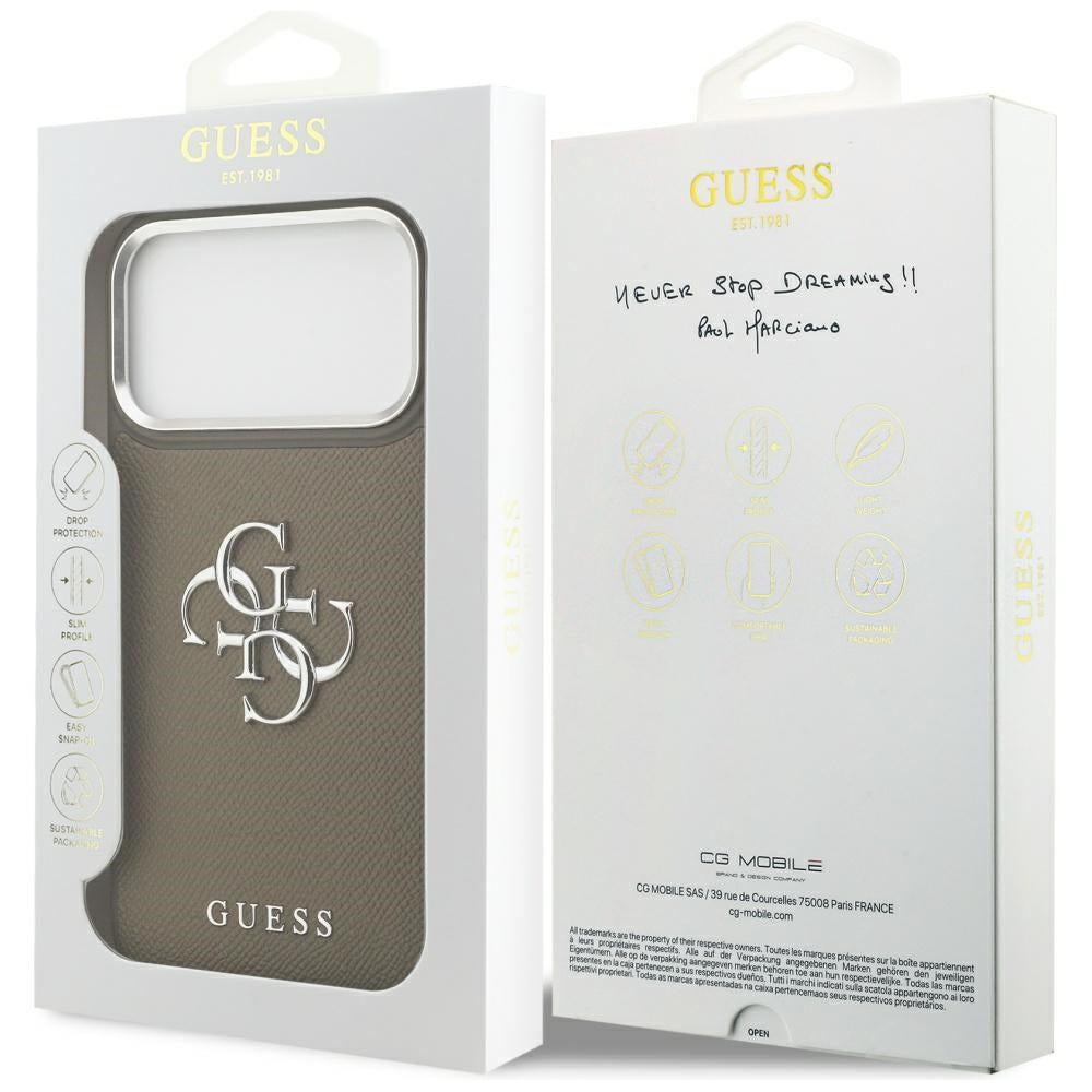 Étui pour Apple iPhone 17 Pro Max, Guess, 4G Grained Big And Classic Logo, Marron Argenté