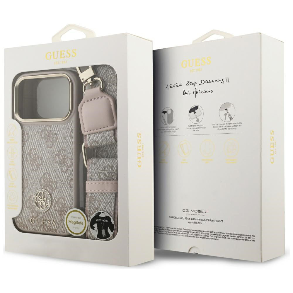 Étui pour Apple iPhone 17 Pro Max, Guess, 4G Strass Logo et Big Strap, Rose