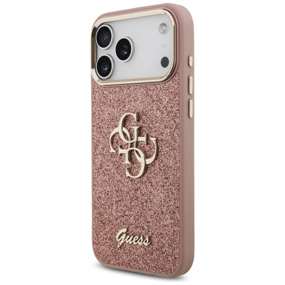 Hülle für Apple iPhone 17 Pro Max, Guess, Fixed Glitter Big 4G Metal Frame, Rosa