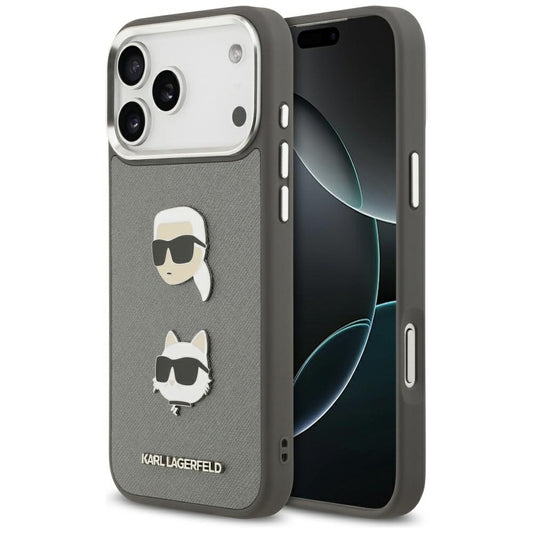 Étui pour Apple iPhone 17 Pro Max, Karl Lagerfeld, Grained Karl & Choupette's Heads Pins and Logo, Gris