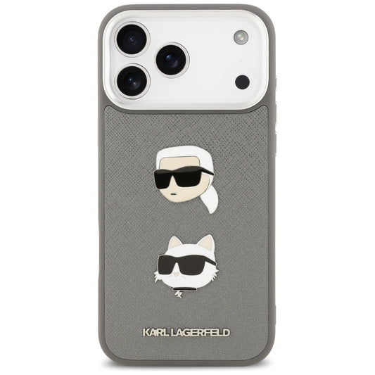 Étui pour Apple iPhone 17 Pro Max, Karl Lagerfeld, Grained Karl & Choupette's Heads Pins and Logo, Gris
