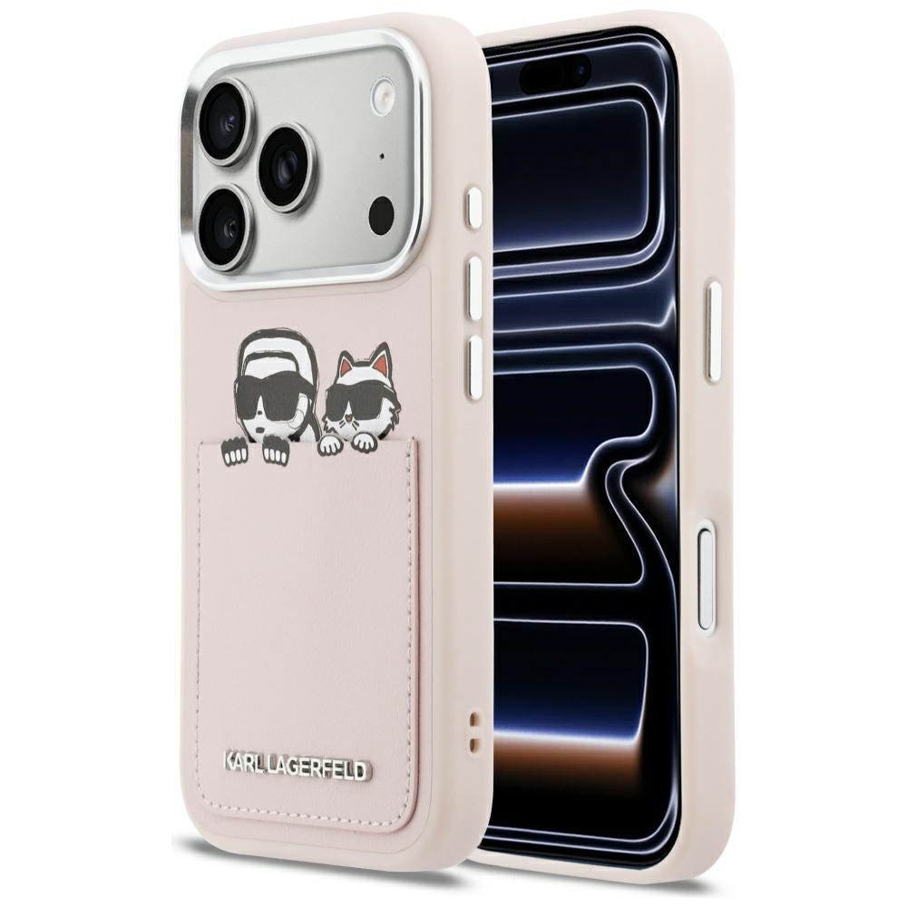 Étui pour Apple iPhone 17 Pro Max, Karl Lagerfeld, Impression Karl & Choupette avec poche, Rose