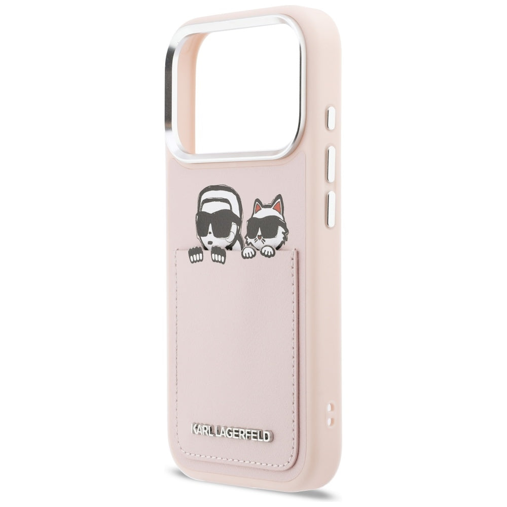 Étui pour Apple iPhone 17 Pro Max, Karl Lagerfeld, Impression Karl & Choupette avec poche, Rose