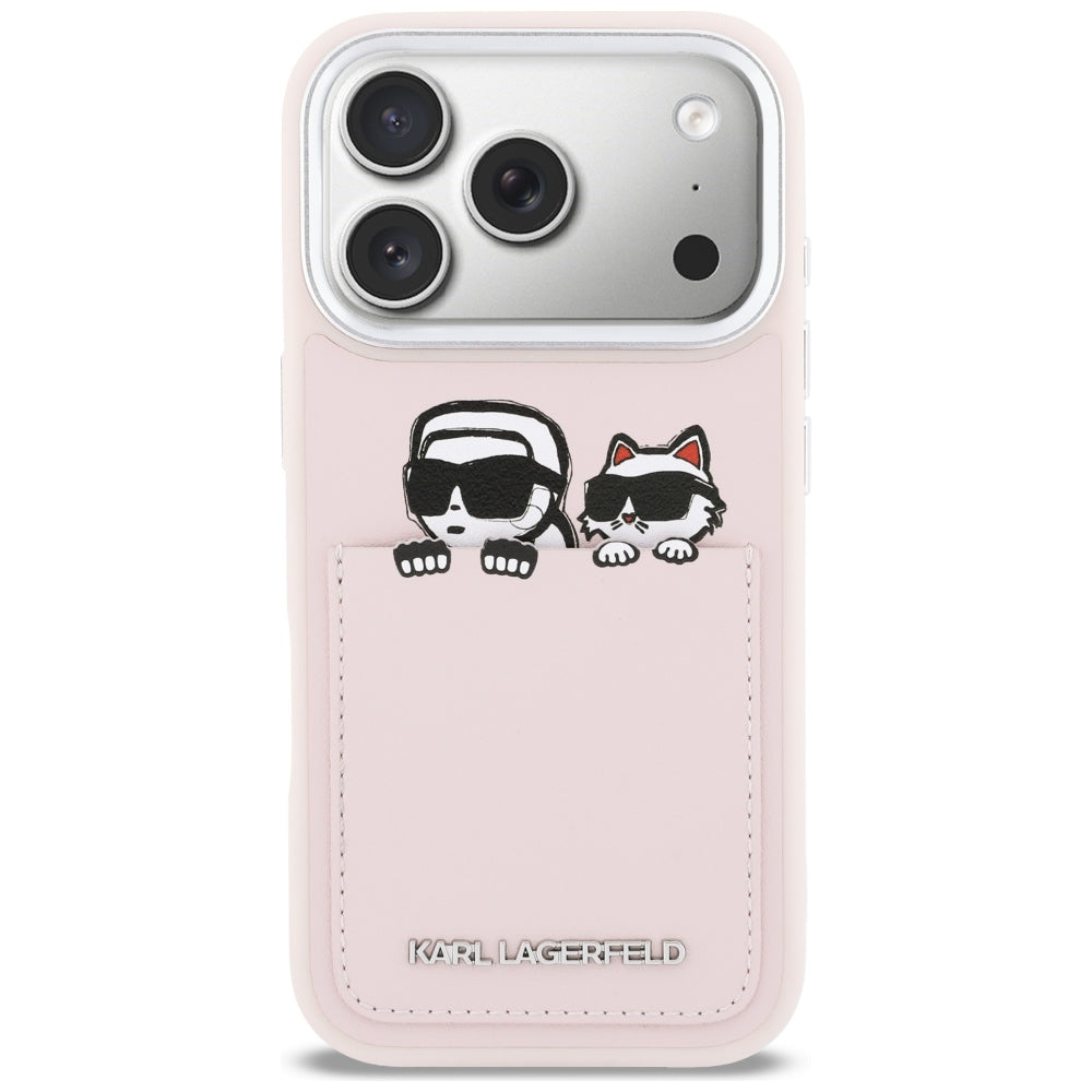 Étui pour Apple iPhone 17 Pro Max, Karl Lagerfeld, Impression Karl & Choupette avec poche, Rose