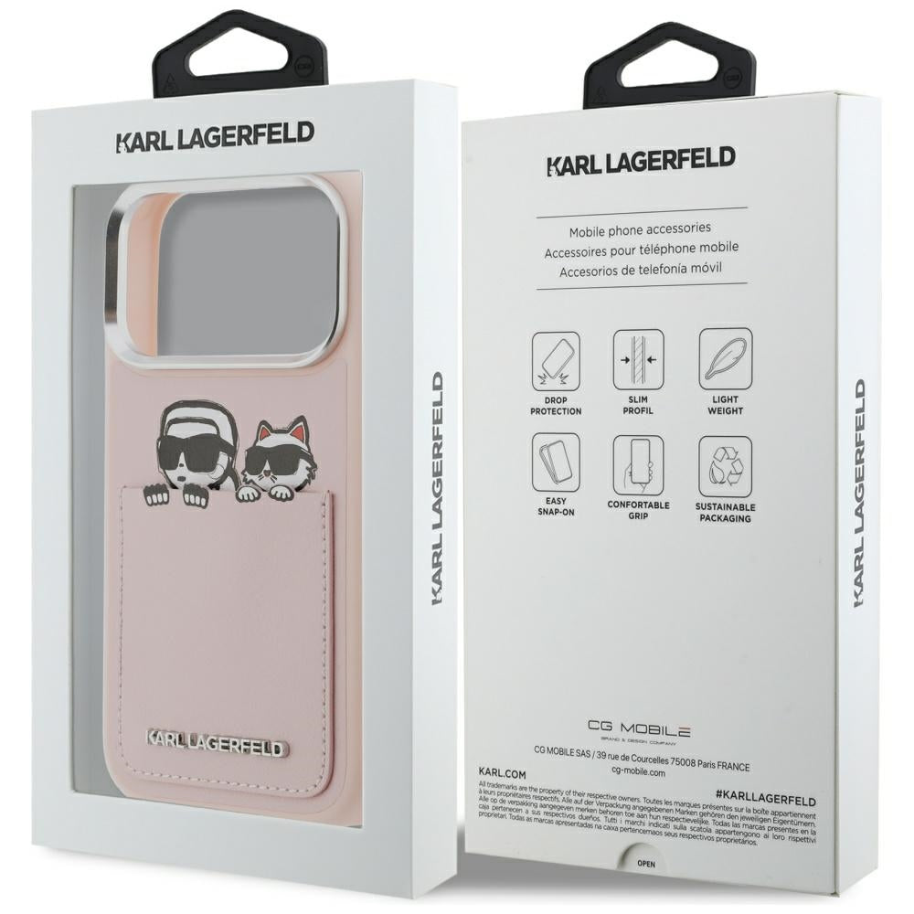 Étui pour Apple iPhone 17 Pro Max, Karl Lagerfeld, Impression Karl & Choupette avec poche, Rose