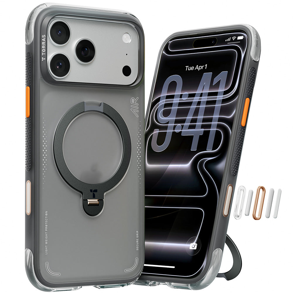 Coque MagSafe pour Apple iPhone 17 Pro, Torras, Ostand Spin Air, Gris