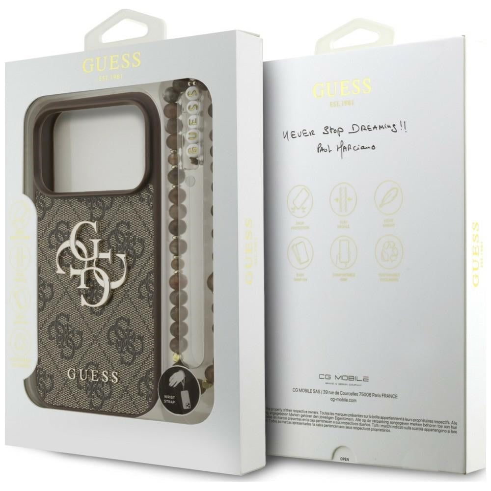 Hülle für Apple iPhone 18 Pro / 17 Pro, Guess, 4G Classic Logo mit Riemen, Braun
