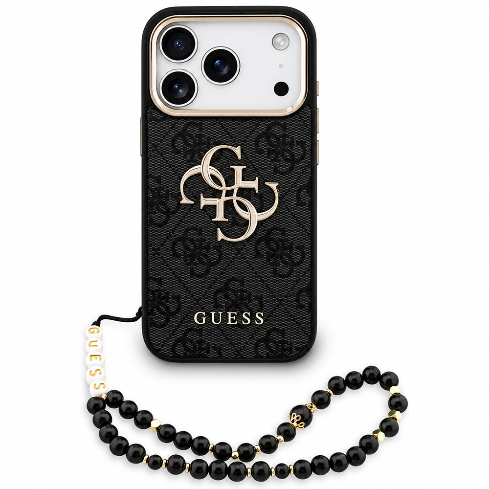 Coque pour Apple iPhone 18 Pro / 17 Pro, Guess, Logo Classique 4G avec Lanière, Noir Doré