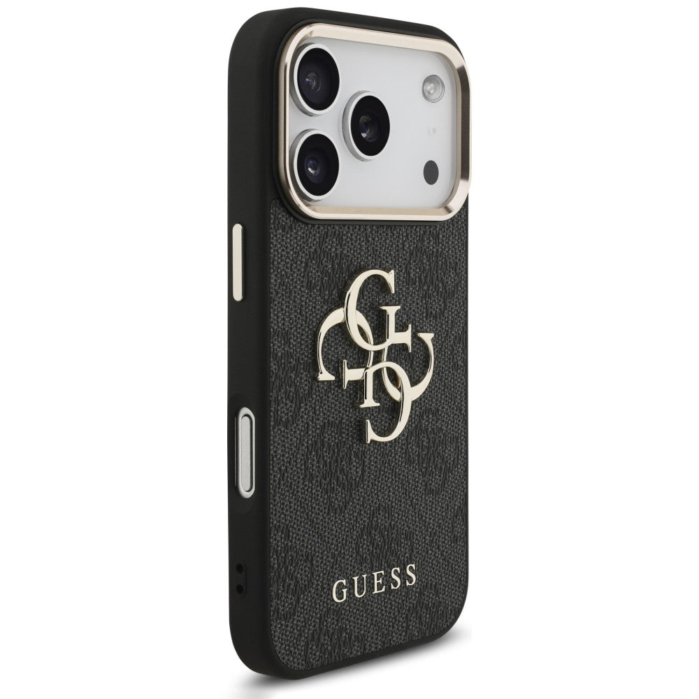 Coque pour Apple iPhone 18 Pro / 17 Pro, Guess, Logo Classique 4G avec Lanière, Noir Doré