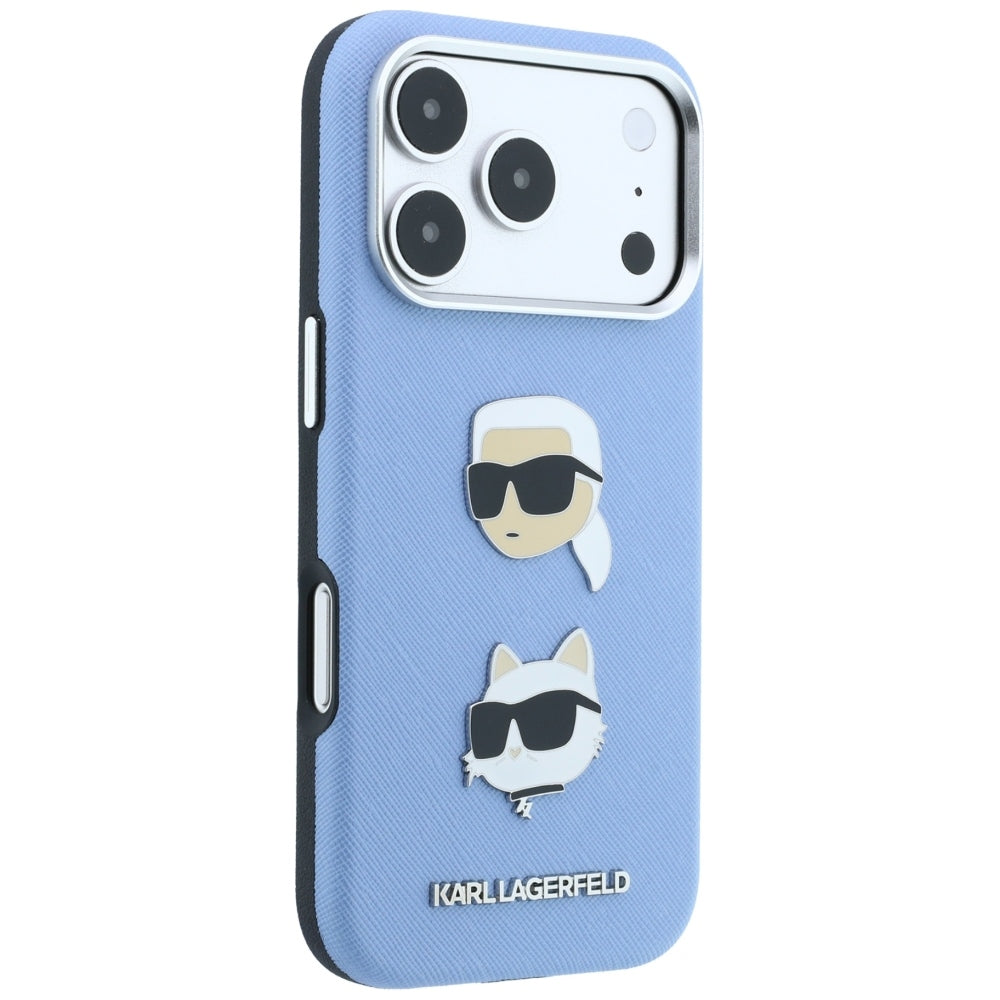 Coque pour Apple iPhone 18 Pro Max / 17 Pro Max, Karl Lagerfeld, Saffiano avec épingle tête Karl & Choupette et logo, Bleu