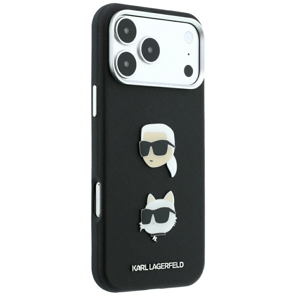 Coque pour Apple iPhone 18 Pro Max / 17 Pro Max, Karl Lagerfeld, Saffiano avec épingle tête Karl & Choupette et logo, noire