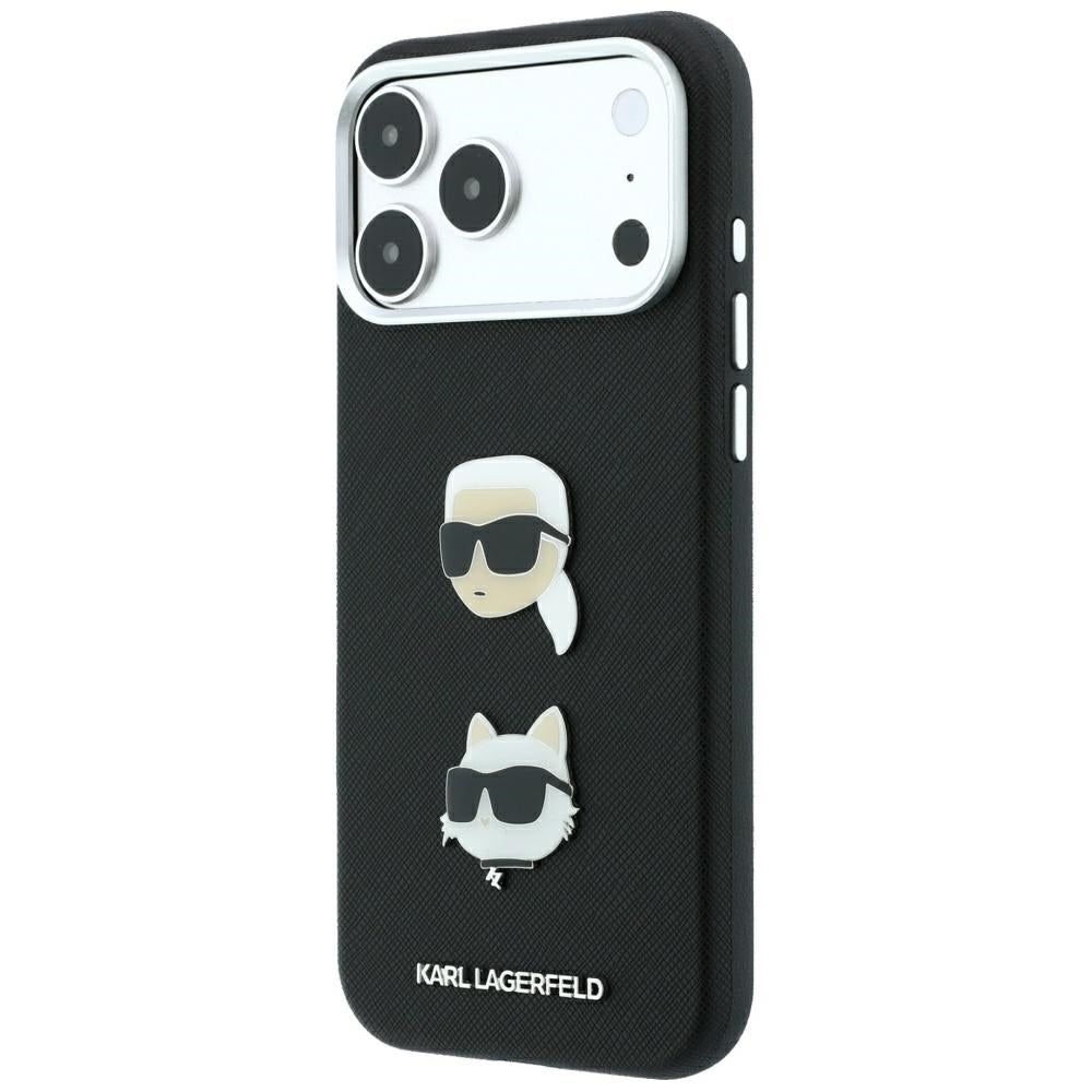Coque pour Apple iPhone 18 Pro Max / 17 Pro Max, Karl Lagerfeld, Saffiano avec épingle tête Karl & Choupette et logo, noire