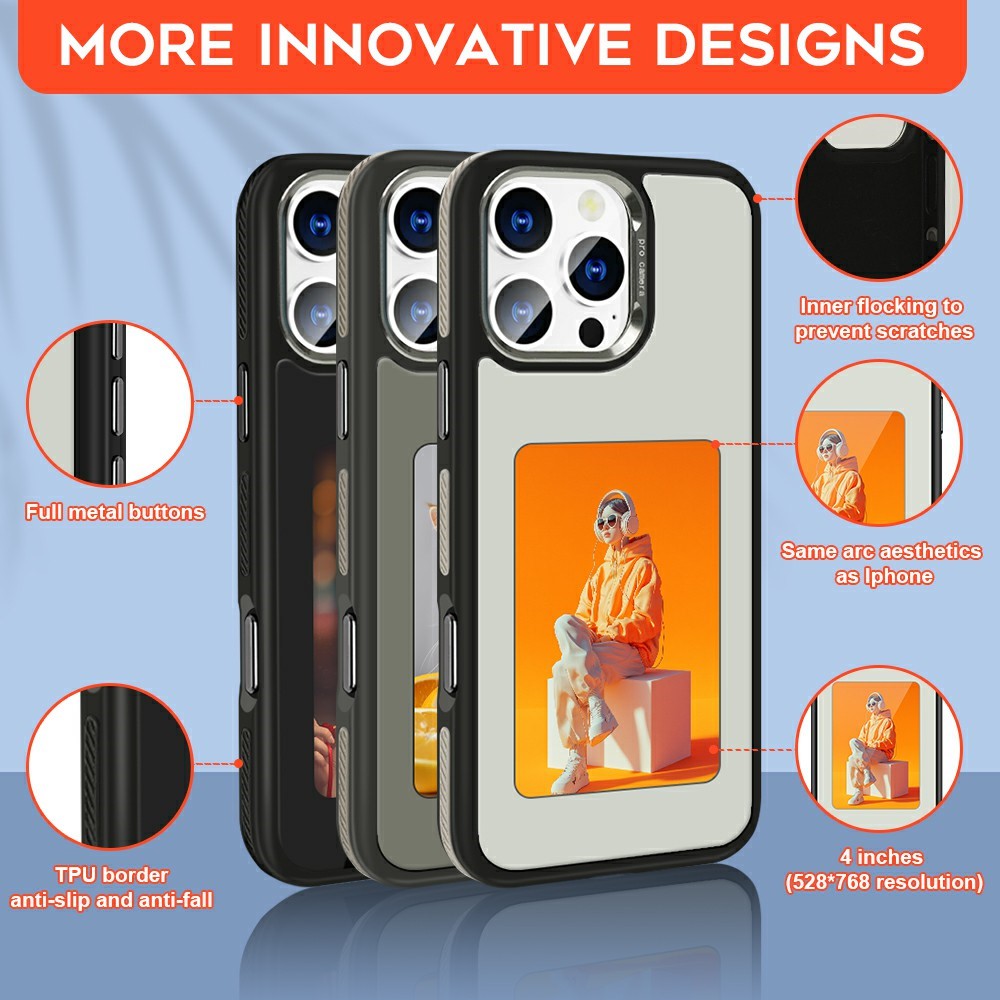 Coque pour Apple iPhone 15 Pro, OEM, Écran E-Ink Personnalisé (4 pouces), Noir