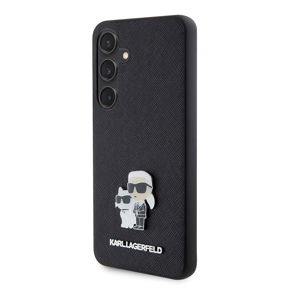 Hülle für Samsung Galaxy S24 S921, Karl Lagerfeld, Saffiano Karl & Choupette Metal, Schwarz