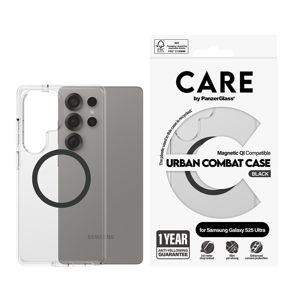 Hülle für Samsung Galaxy S25 Ultra S938, PanzerGlass, Care Urban Combat, Schwarz Transparent