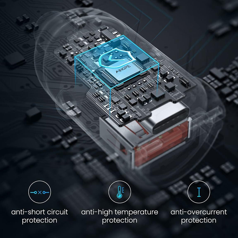Chargeur de voiture Ainope, 30W, 5A, 1 x USB-A - 1 x USB-C, Noir