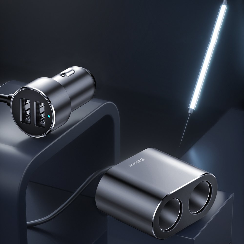 Baseus Chargeur de voiture haute efficacité, 95W, 2.1A, 2 x extension allume-cigare - 2 x USB-A, Gris CRDYQ-01 CRDYQ-01