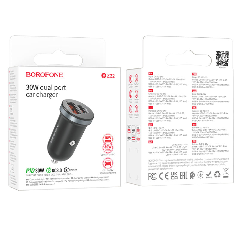 Autoladegerät Borofone BZ22 Scenery, 30W, 3A, 1 x USB-A - 1 x USB-C, Schwarz