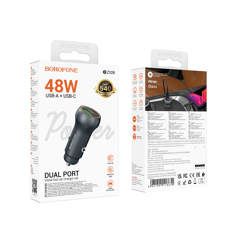 Chargeur de voiture Borofone BZ32B Fresh, 48W, 3A, 1 x USB-A - 1 x USB-C, Gris