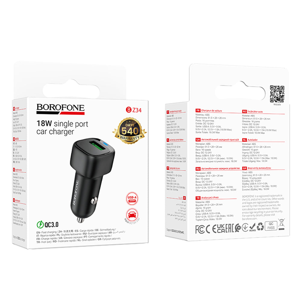 Auto-Ladegerät Borofone BZ34 Cloud, 18W, 3A, 1 x USB-A, Schwarz